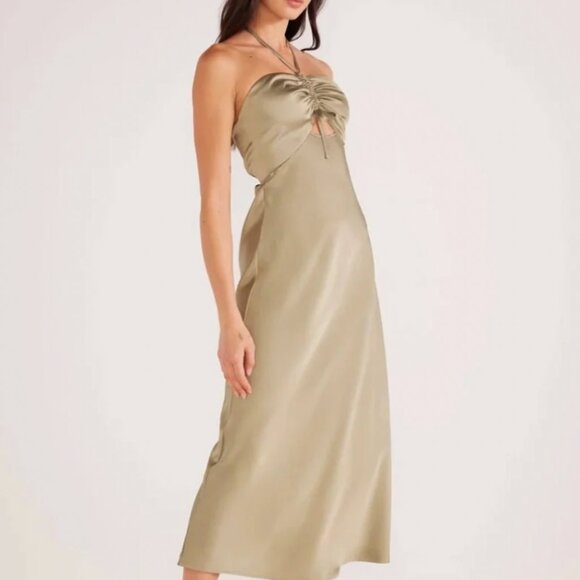 NWT Minkpink Satin open-back halter midi gown LARGE - Picture 2 of 7